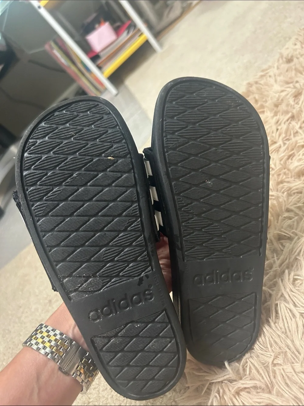 adidas Black Slides with White Three-Stripe Strap